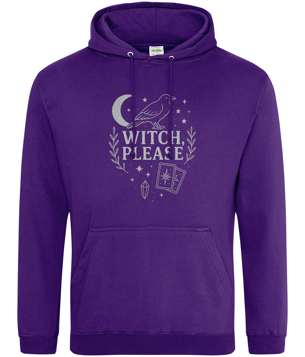 Purple hoodie displaying a raven, crescent moon, stars, tarot cards and text "WITCH, PLEASE" centered on the chest against a plain white background.
