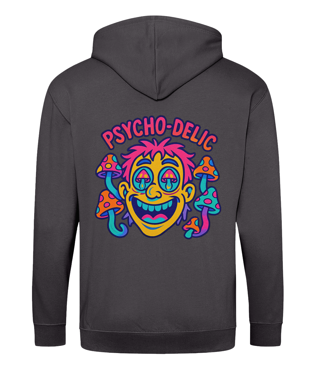 a psychadelic colourful face with a wide mouthed smile, mushrooms around and reflecting in the eyes, with the words Psycho-Delic, on the back of a mid grey hoodie