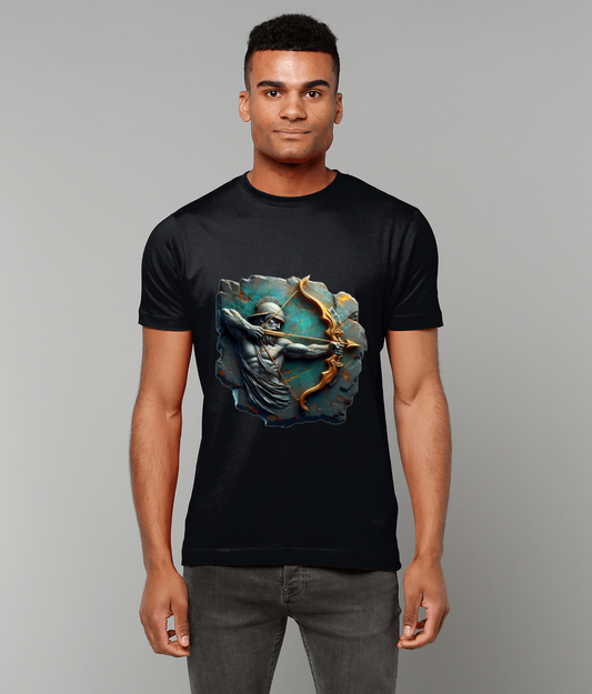 Stone Tablet Sagittarius Zodiac T-Shirt with Sagittarius glyph and fire-infused stone texture graphic on classic fit tee