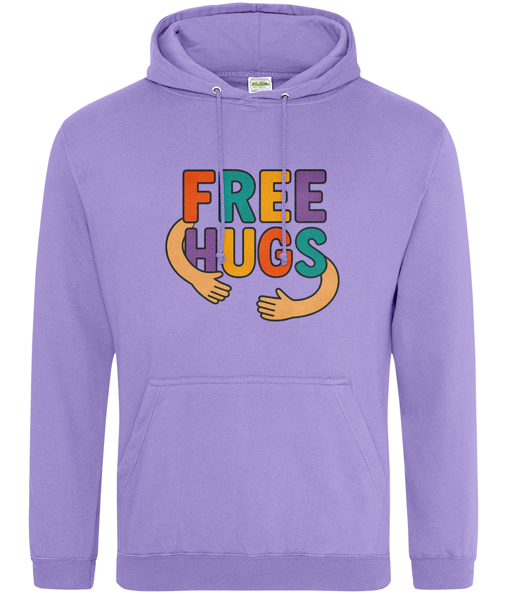 Lavender hoodie displays colorful FREE HUGS text with two stylized cartoon arms forming a hug across the chest against a plain white background.