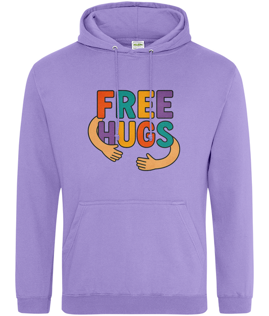 Lavender hoodie displays colorful FREE HUGS text with two stylized cartoon arms forming a hug across the chest against a plain white background.