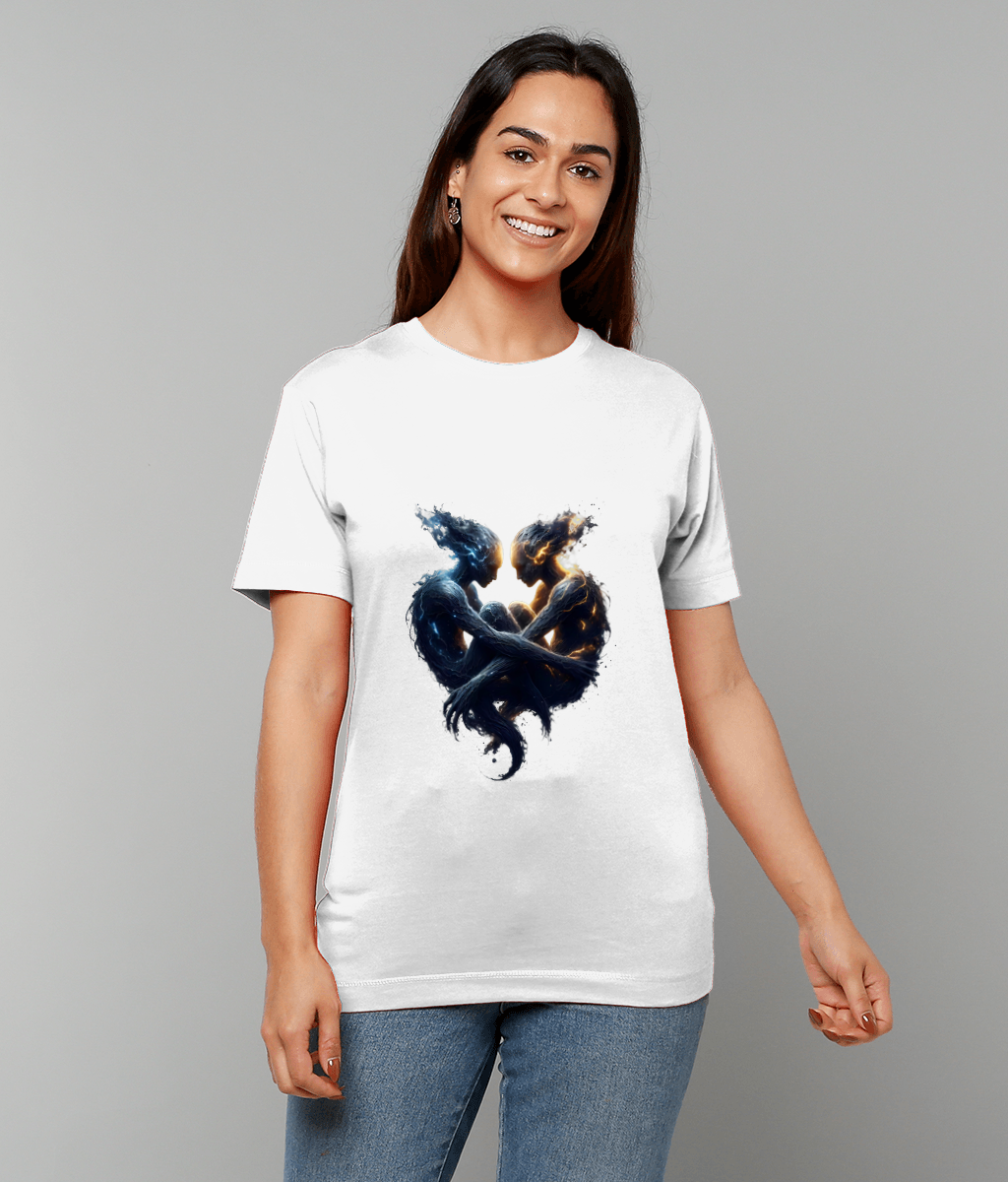 White T-shirt displaying two intertwined blue and orange ethereal figures forming a heart, their limbs entwined and glowing, worn by a smiling woman standing against a plain light gray background.