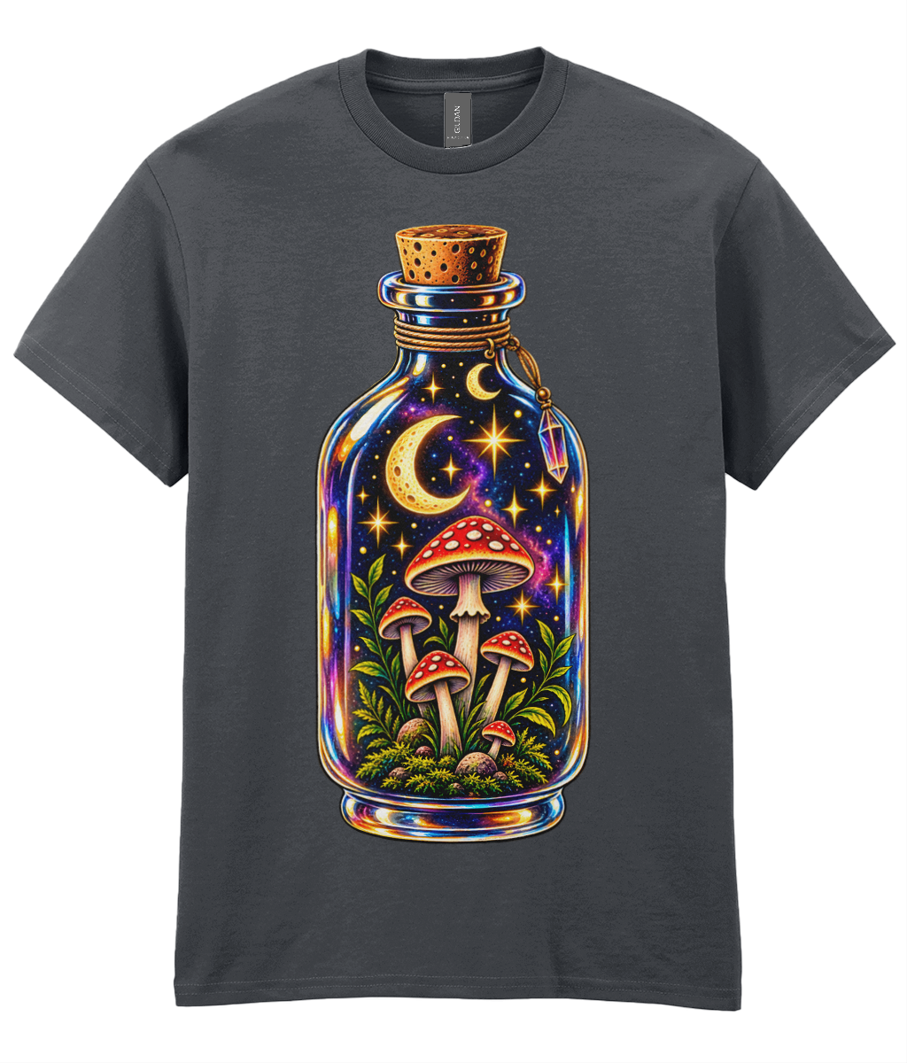 Bottled Shrooms T-Shirt - colourful apothecary bottle filled with tiny mushrooms crescent moon and stars graphic print