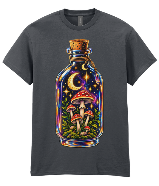 Bottled Shrooms T-Shirt - colourful apothecary bottle filled with tiny mushrooms crescent moon and stars graphic print