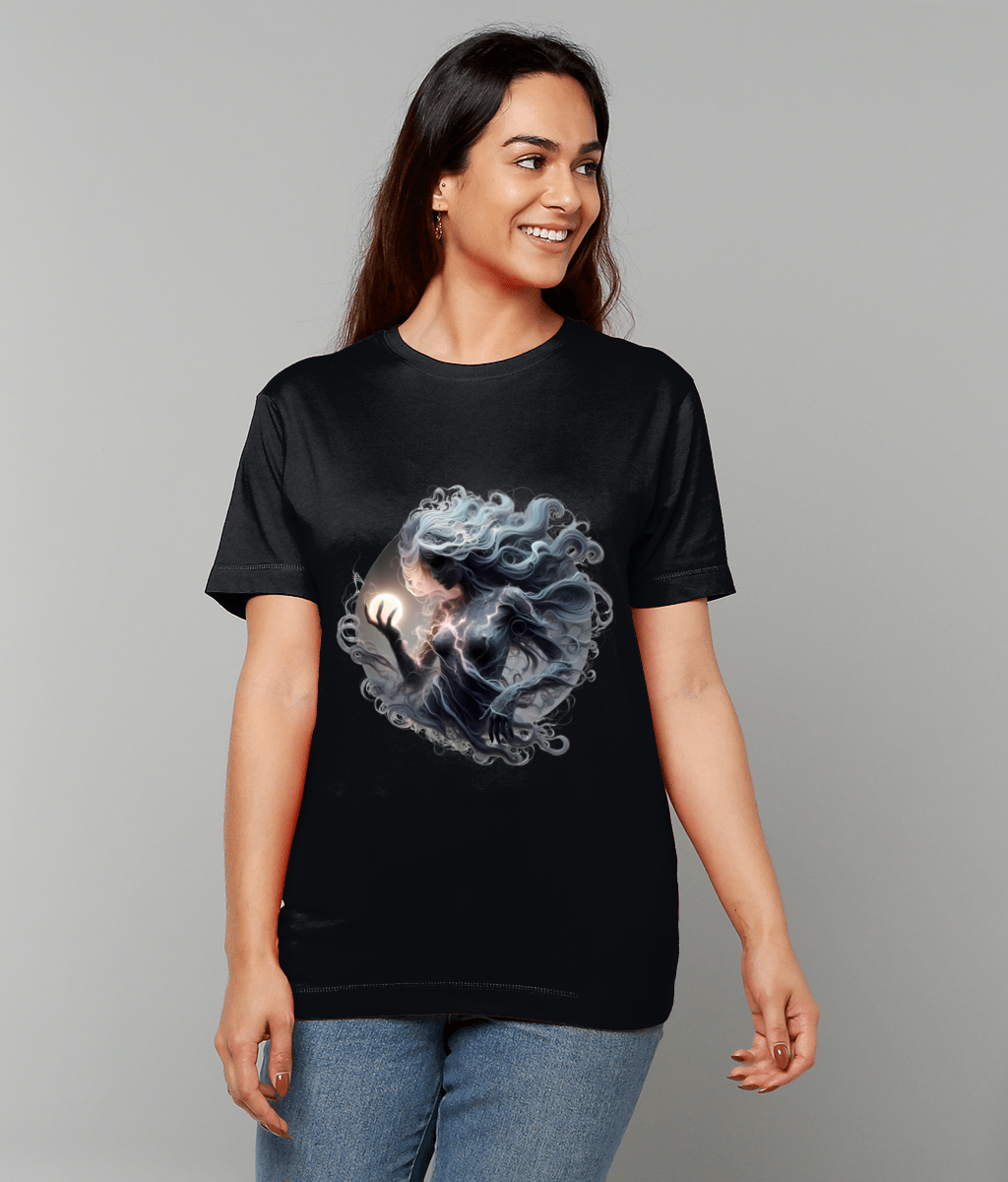 Ethereal Virgo Zodiac T-Shirt with Virgo glyph and delicate ethereal graphic on classic fit tee