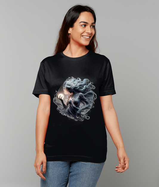 Ethereal Virgo Zodiac T-Shirt with Virgo glyph and delicate ethereal graphic on classic fit tee