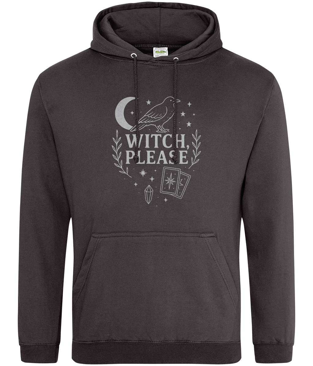 Dark gray pullover hoodie features a printed raven, crescent moon, tarot cards, crystal and the words "WITCH, PLEASE" centered on the chest against a white background.