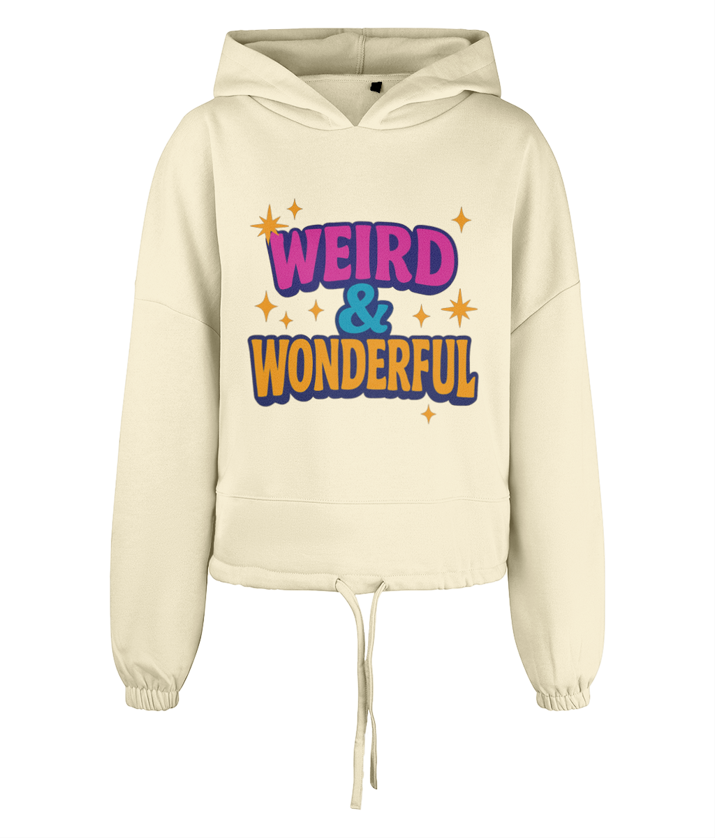 Cream hooded sweatshirt displays bold colorful text "WEIRD & WONDERFUL" with star accents on a black background.