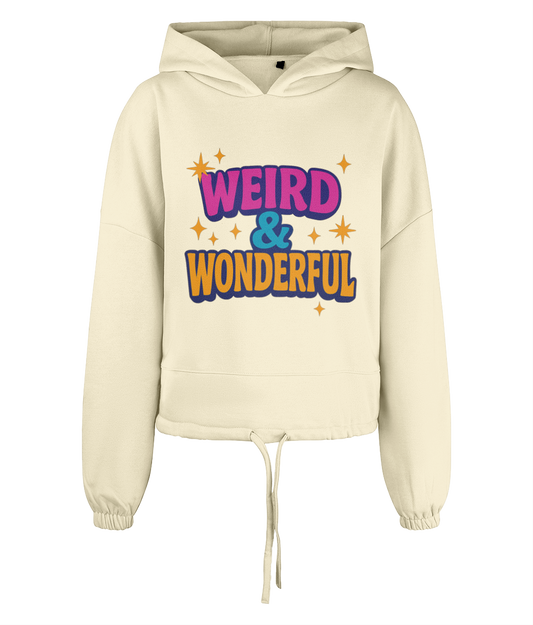 Cream hooded sweatshirt displays bold colorful text "WEIRD & WONDERFUL" with star accents on a black background.