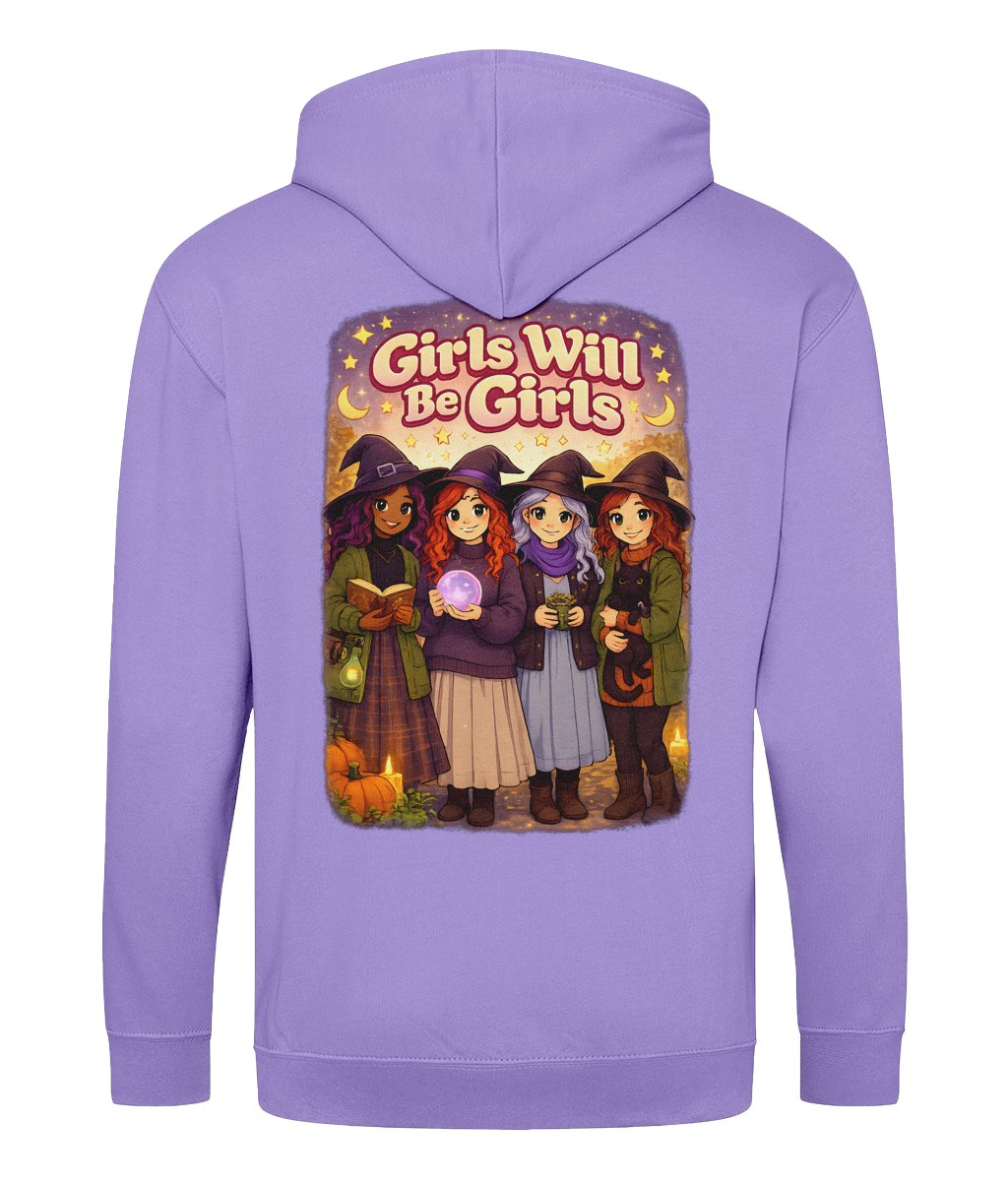 Zoodie Girls Will Be Girls – witchy slogan zip hoodie with drop shoulder fit and soft cotton-faced fabric