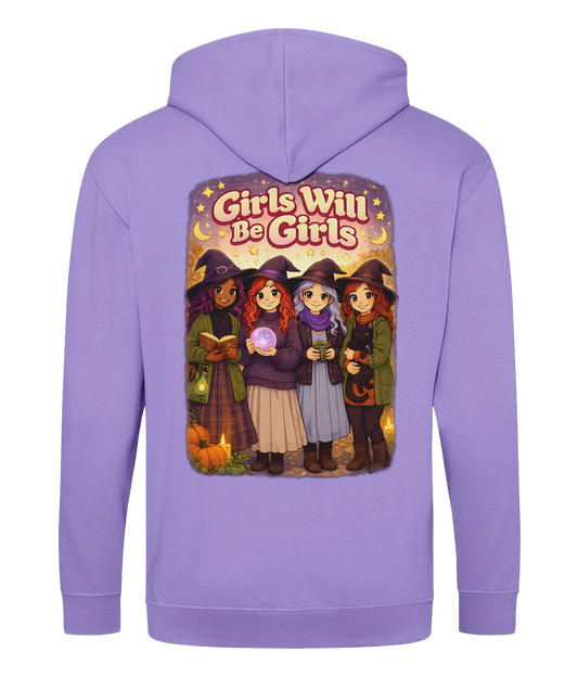 Zoodie Girls Will Be Girls – witchy slogan zip hoodie with drop shoulder fit and soft cotton-faced fabric