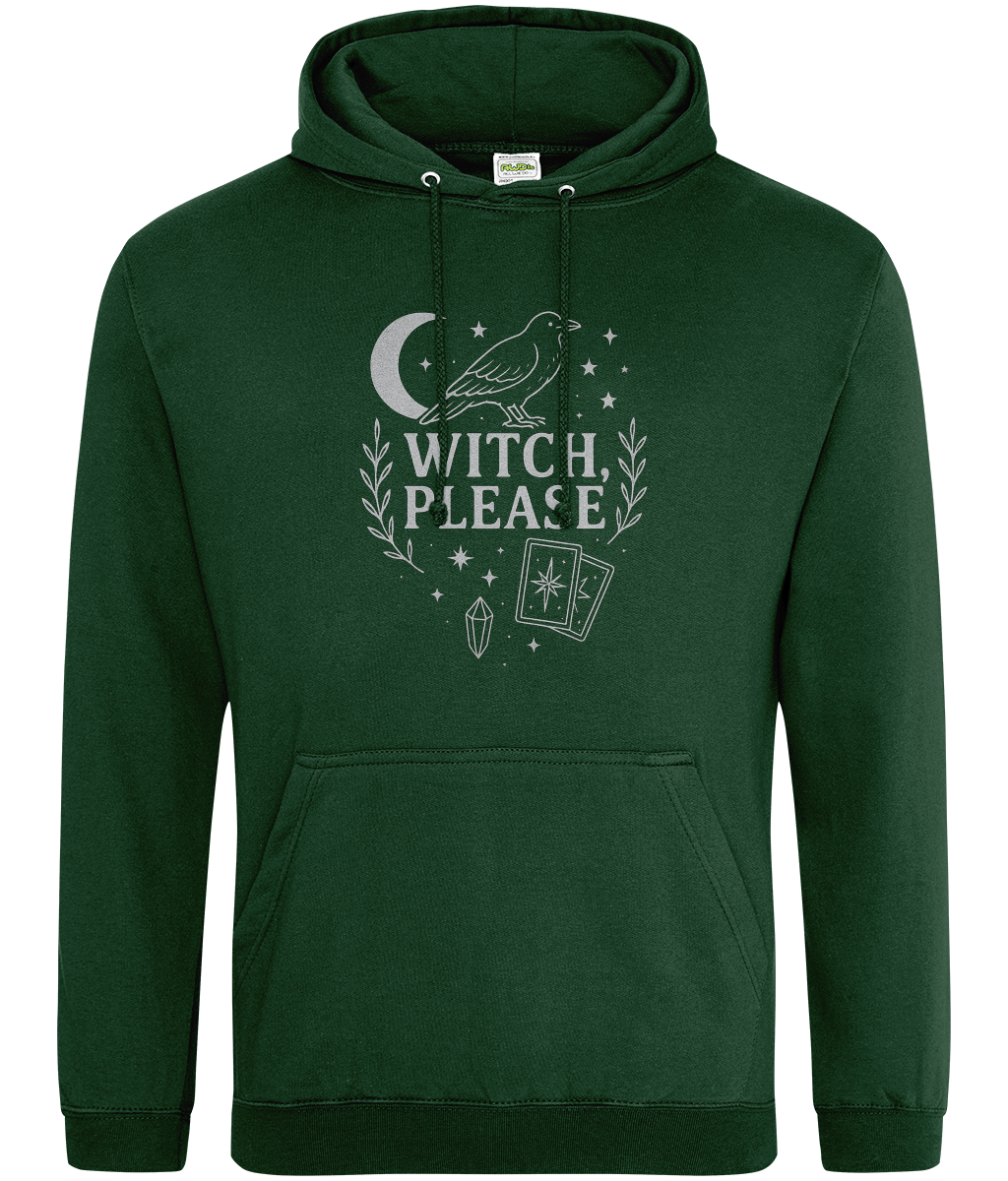 Forest green hoodie displaying silver witch-themed graphic and text 'WITCH, PLEASE' centered on the chest, featuring a raven, crescent moon, stars, laurel branches, tarot cards and crystal on white background.