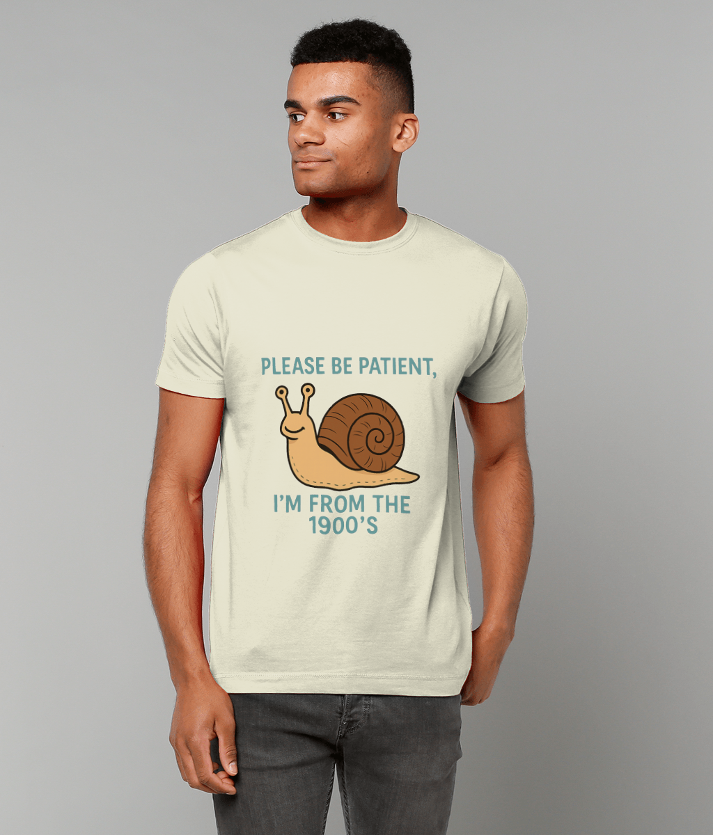 Please Be Patient I’m From the 1900s T-Shirt – humorous nostalgic slogan graphic tee