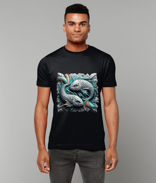 A black T-shirt displays two stylized koi fish circling each other on the chest while a standing person models it against a neutral gray background.