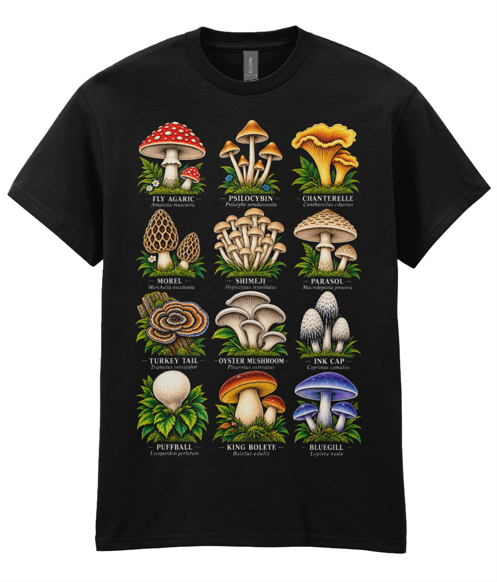 Shroom Chart T-Shirt - colourful fungi arranged in a vintage botanical field guide style graphic print