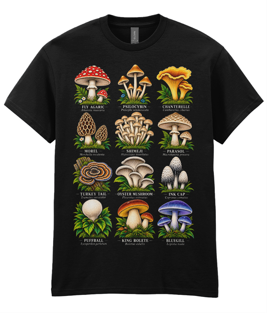Shroom Chart T-Shirt - colourful fungi arranged in a vintage botanical field guide style graphic print