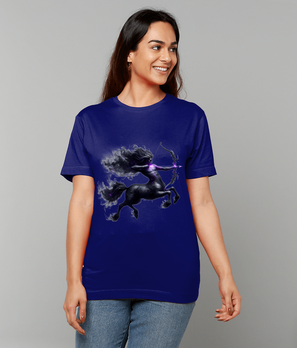 Centaur archer graphic draws a glowing purple arrow across a dark blue T-shirt worn by a smiling woman standing against a plain light-gray background.