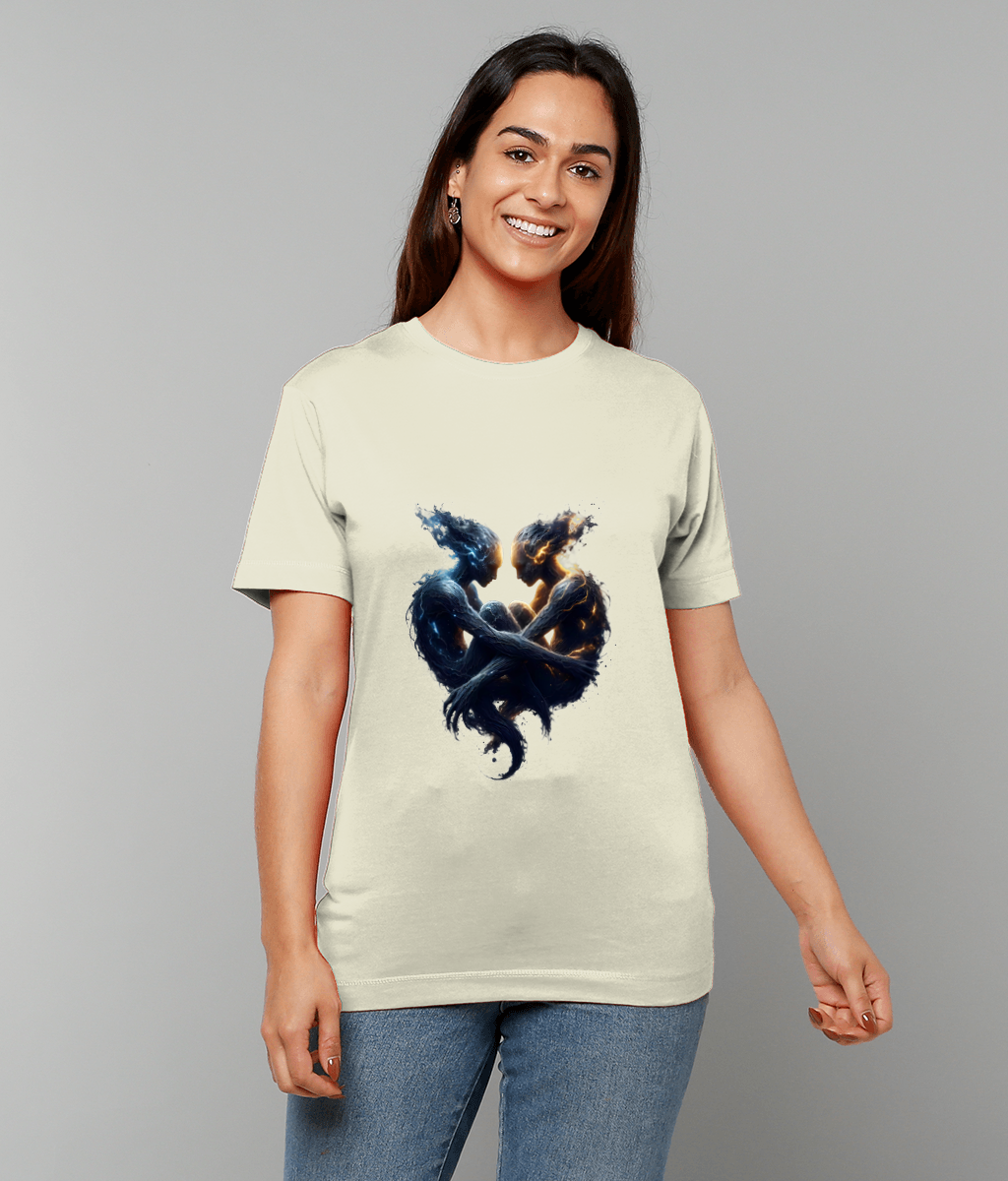 T-shirt displaying two intertwined elemental humanoid figures, one blue and one fiery orange, facing and embracing to form a heart, worn by a smiling woman standing against a light-gray background.