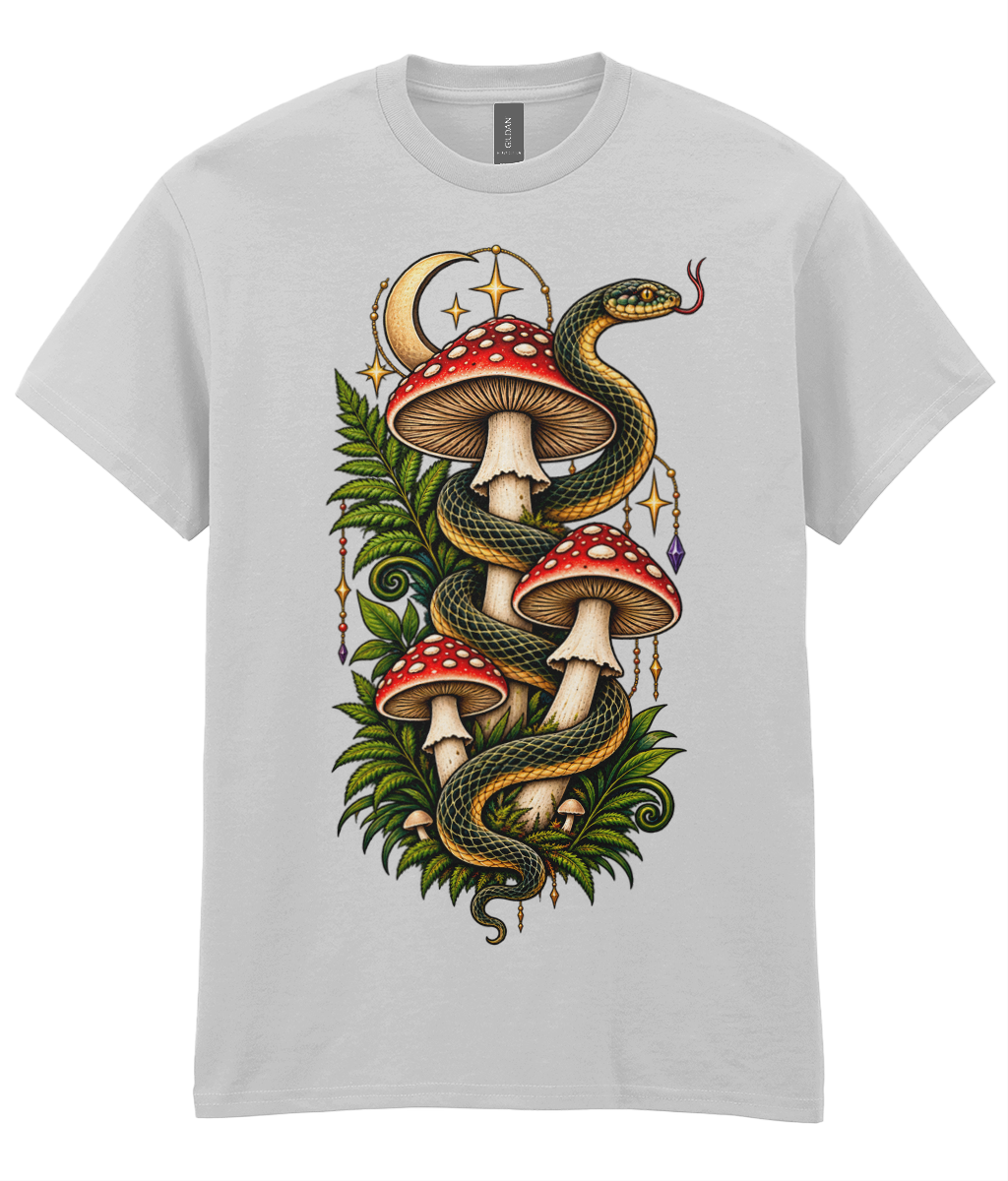 <h2 style="color:#232323;">Snake Shrooms T-Shirt</h2>

<p style="color:#232323;">Wild woodland imagery gets a colourful twist with the <strong>Snake Shrooms T-Shirt</strong>. The design features a sinuous snake weaving around three tall mushrooms, creating a strong vertical composition that feels alive with movement. The full-colour artwork brings extra depth to the fungi and reptile details, making the design stand out beautifully against the garment.</p>

<p style="color:#232323;">With its mix of mushroom