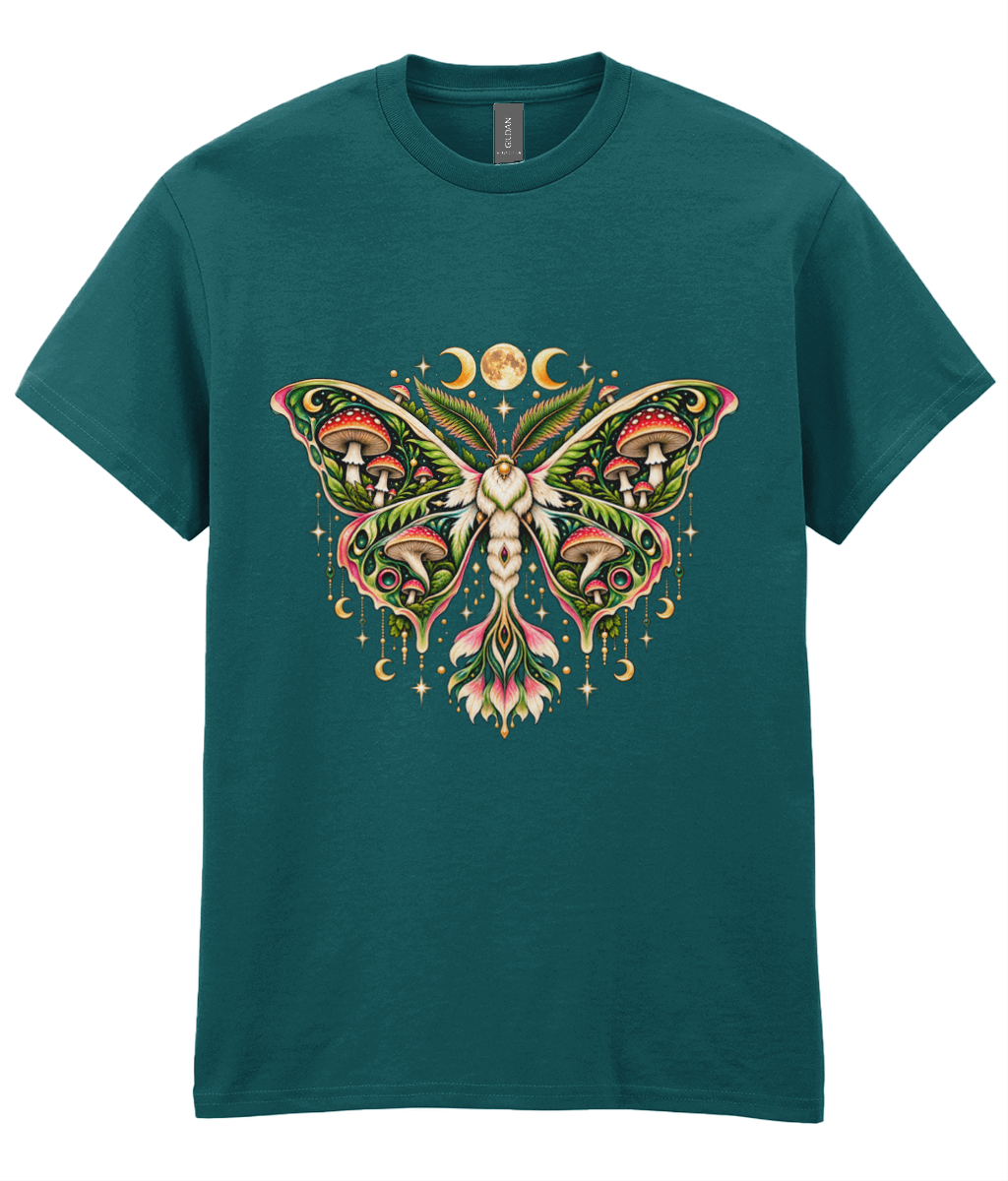 Moth Shrooms T-Shirt - colourful symmetrical moth with mushroom gill patterned wings and mushroom body graphic print