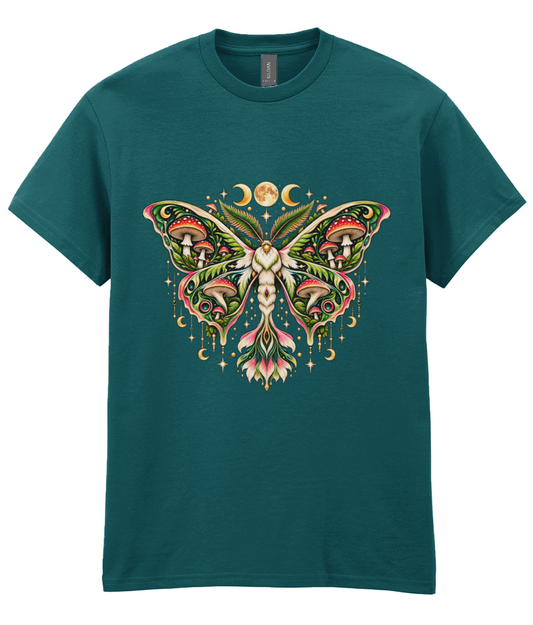 Moth Shrooms T-Shirt - colourful symmetrical moth with mushroom gill patterned wings and mushroom body graphic print