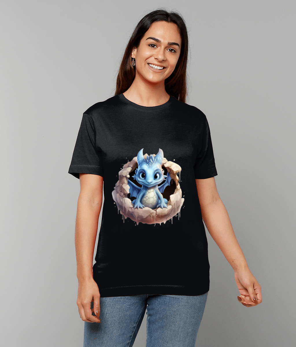 T-Shirt Elemental Baby Dragon Blue in Rocks featuring blue baby dragon on rocks graphic on made-to-order UK tee