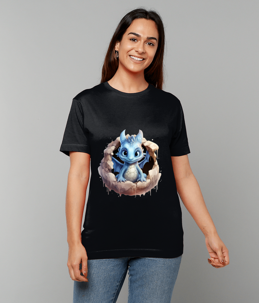 T-Shirt Elemental Baby Dragon Blue in Rocks featuring blue baby dragon on rocks graphic on made-to-order UK tee