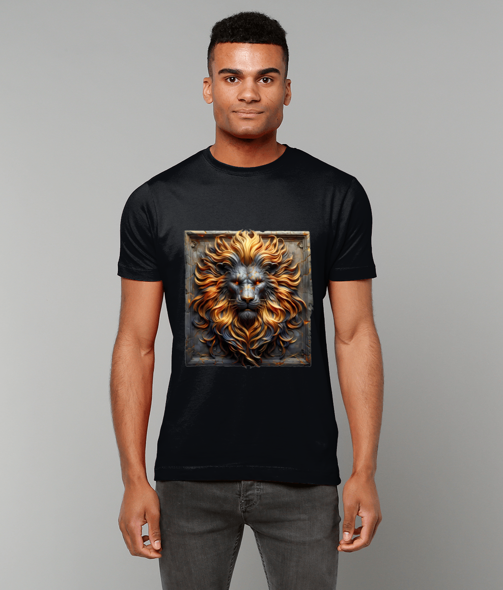 Stone Tablet Leo Zodiac T-Shirt with radiant Leo glyph and stone texture graphic on classic fit tee