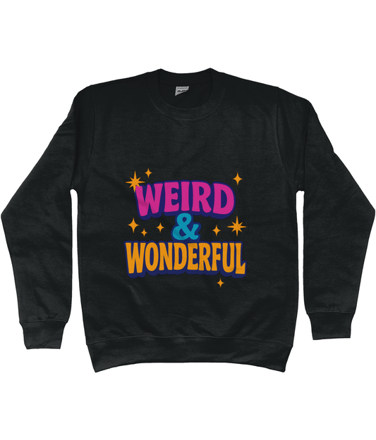 Black crewneck sweatshirt displays bold colorful text "WEIRD & WONDERFUL" with decorative stars centered on a flat white background.