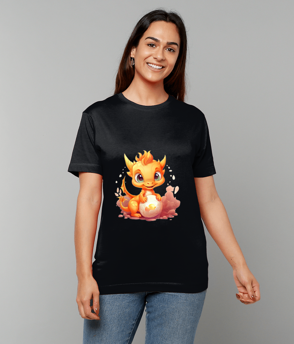 pod-clothing, mythical dragon tee, baby dragon orange design, fantasy graphic apparel, festival clothing UK, alternative streetwear