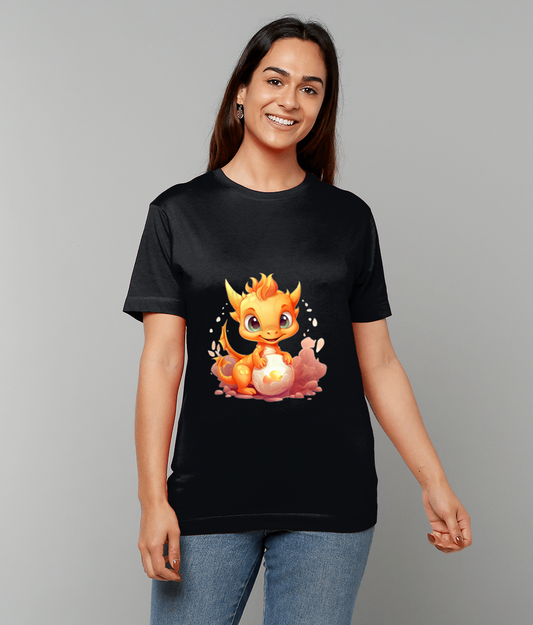 pod-clothing, mythical dragon tee, baby dragon orange design, fantasy graphic apparel, festival clothing UK, alternative streetwear