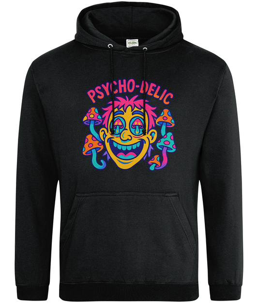 Black hoodie displays a colorful psychedelic grinning face surrounded by mushrooms with the text "PSYCHO-DELIC" above, shown flat on a white background.