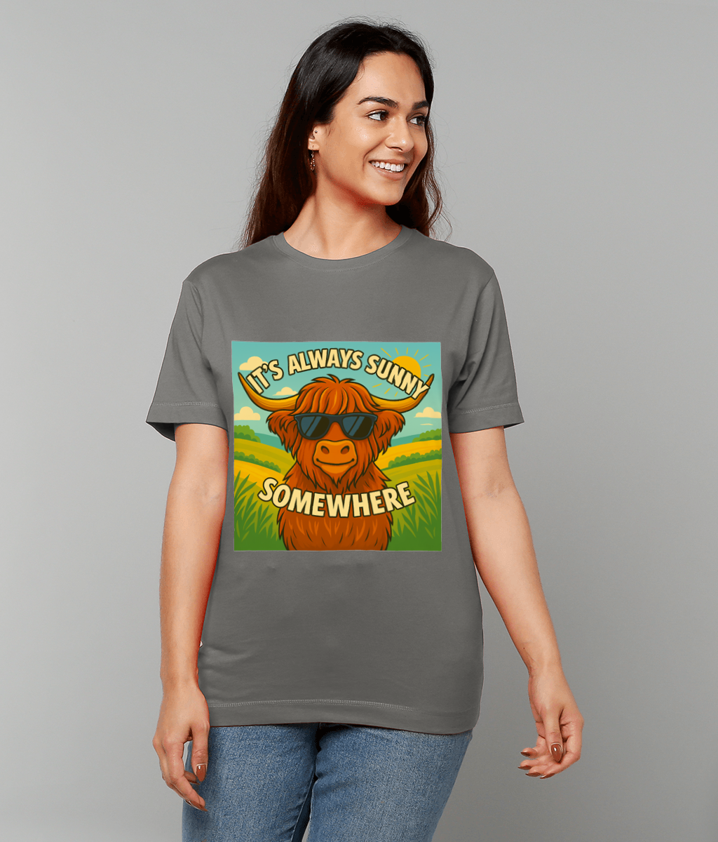 It’s Always Sunny T-Shirt – Highland cow graphic tee with sunglasses and sunny field design