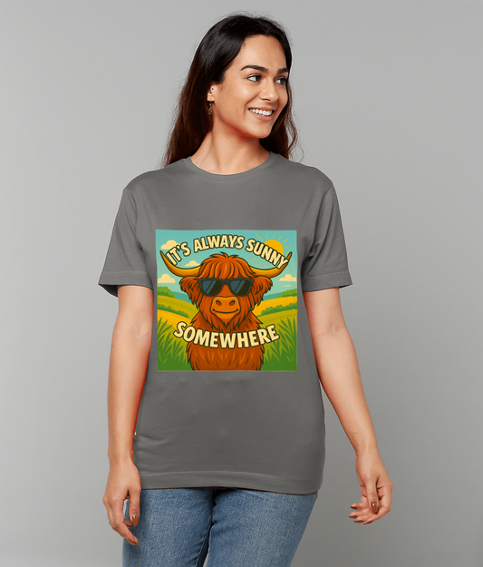 It’s Always Sunny T-Shirt – Highland cow graphic tee with sunglasses and sunny field design
