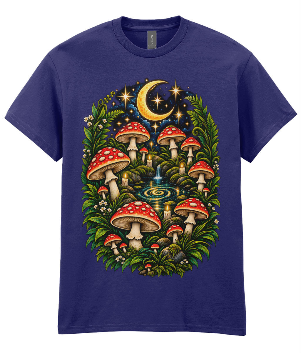 Shrooms Circle T-Shirt - colourful circle of mushrooms surrounding crescent moon and stars graphic print