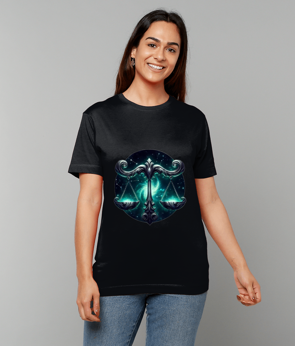 Celestial Libra Zodiac T-Shirt with Libra glyph and balanced celestial graphic on classic fit tee