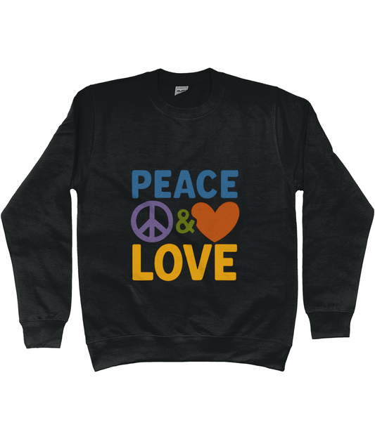 Black crewneck sweatshirt displays PEACE & LOVE with a purple peace symbol, green ampersand and orange heart centered on a white background.