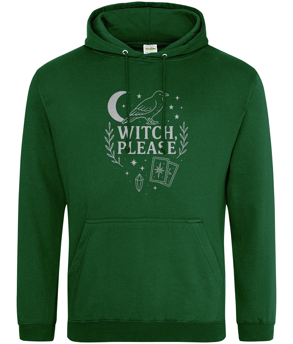 Green hoodie displays a perched raven above the text "WITCH, PLEASE" surrounded by a crescent moon, stars, leafy branches, tarot cards and a crystal on a plain white background.