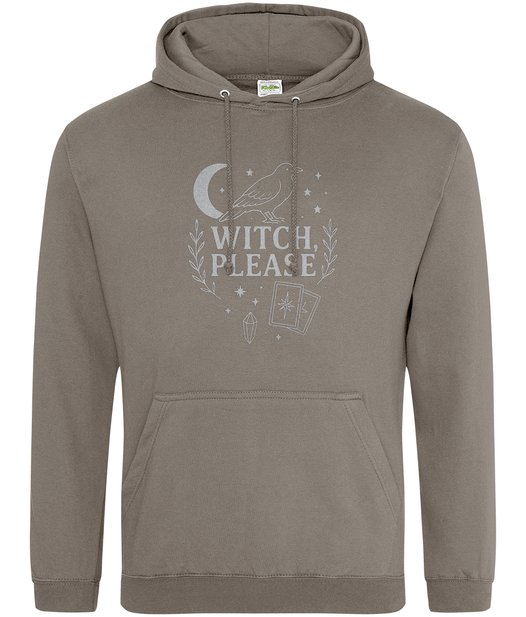 Brown-gray hooded sweatshirt displays "WITCH, PLEASE" printed beneath a crow, crescent moon, stars, laurel branches, tarot cards and a crystal centered on a flat white background.