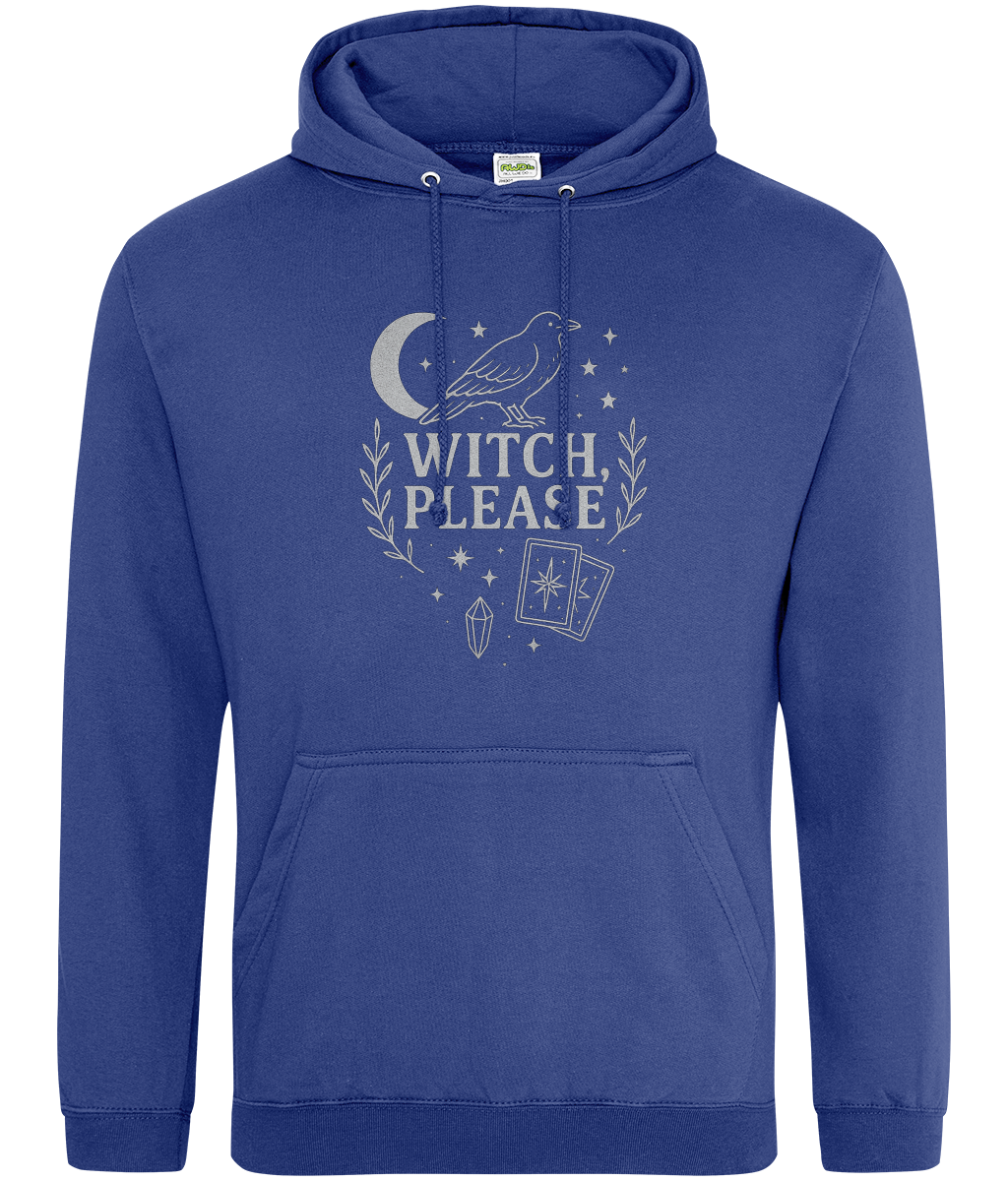 Blue hooded sweatshirt displays a centered pale graphic of a crow, crescent moon, stars, tarot cards and crystal with the text "WITCH, PLEASE" on a white background.
