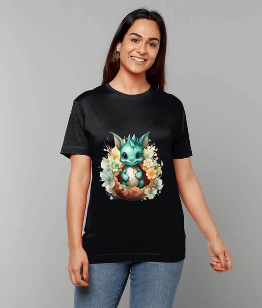 T-Shirt Elemental Baby Dragon Turquoise In Egg with playful turquoise dragon and egg artwork on made-to-order UK classic fit tee