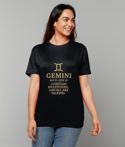 Gemini Witty T-Shirt – zodiac humour slogan tee with “I contain multitudes and all are talking” design