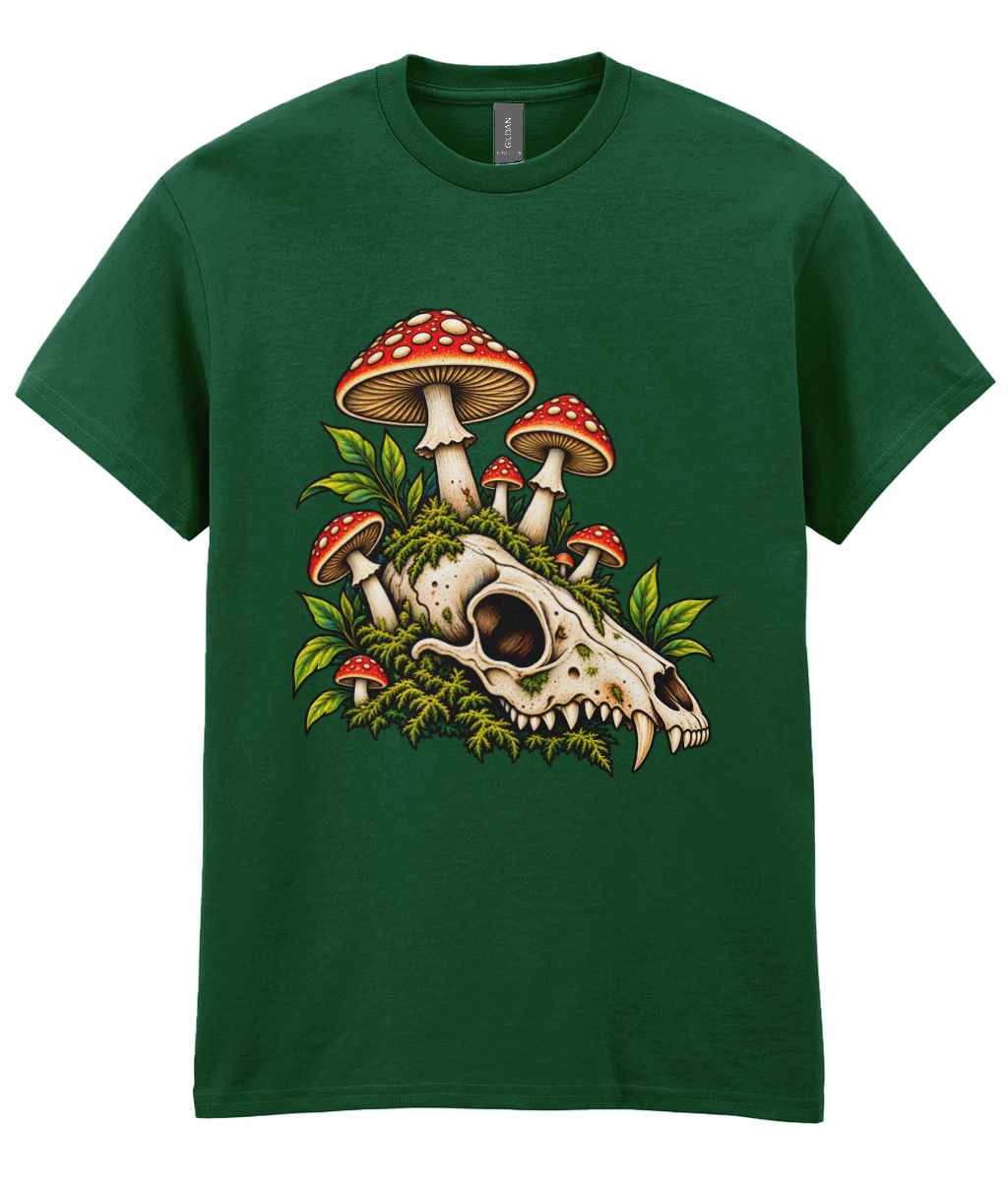 Shroom & Bones T-Shirt - colourful mushrooms growing from a small animal skull graphic print