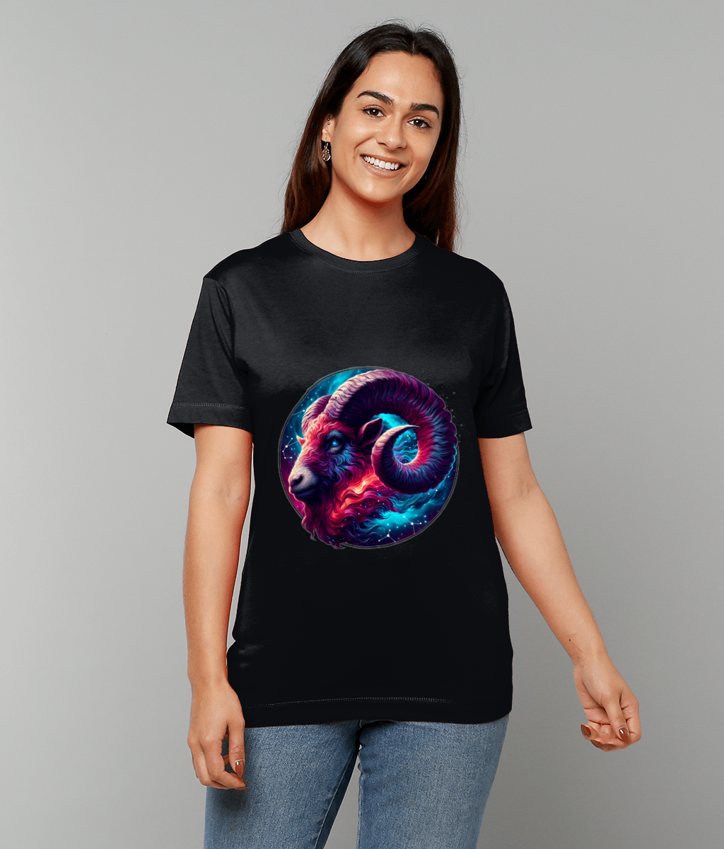 Celestial Aries Zodiac T-Shirt with Aries glyph and dynamic celestial graphic on classic fit tee