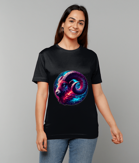 Celestial Aries Zodiac T-Shirt with Aries glyph and dynamic celestial graphic on classic fit tee