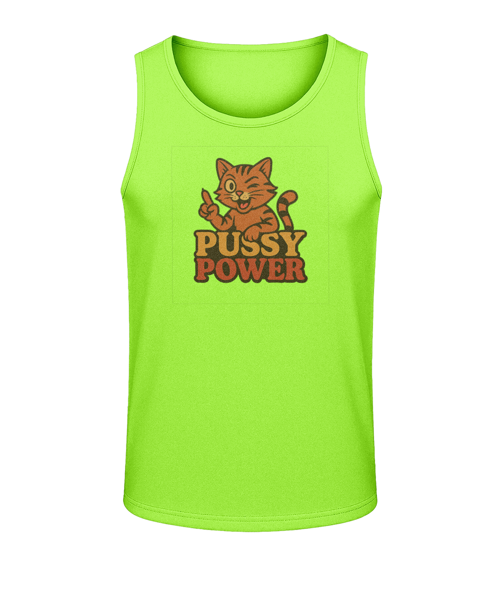 Neon green tank top displays a winking orange cartoon cat pointing upward over the text "PUSSY POWER" centered on the chest against a black background.