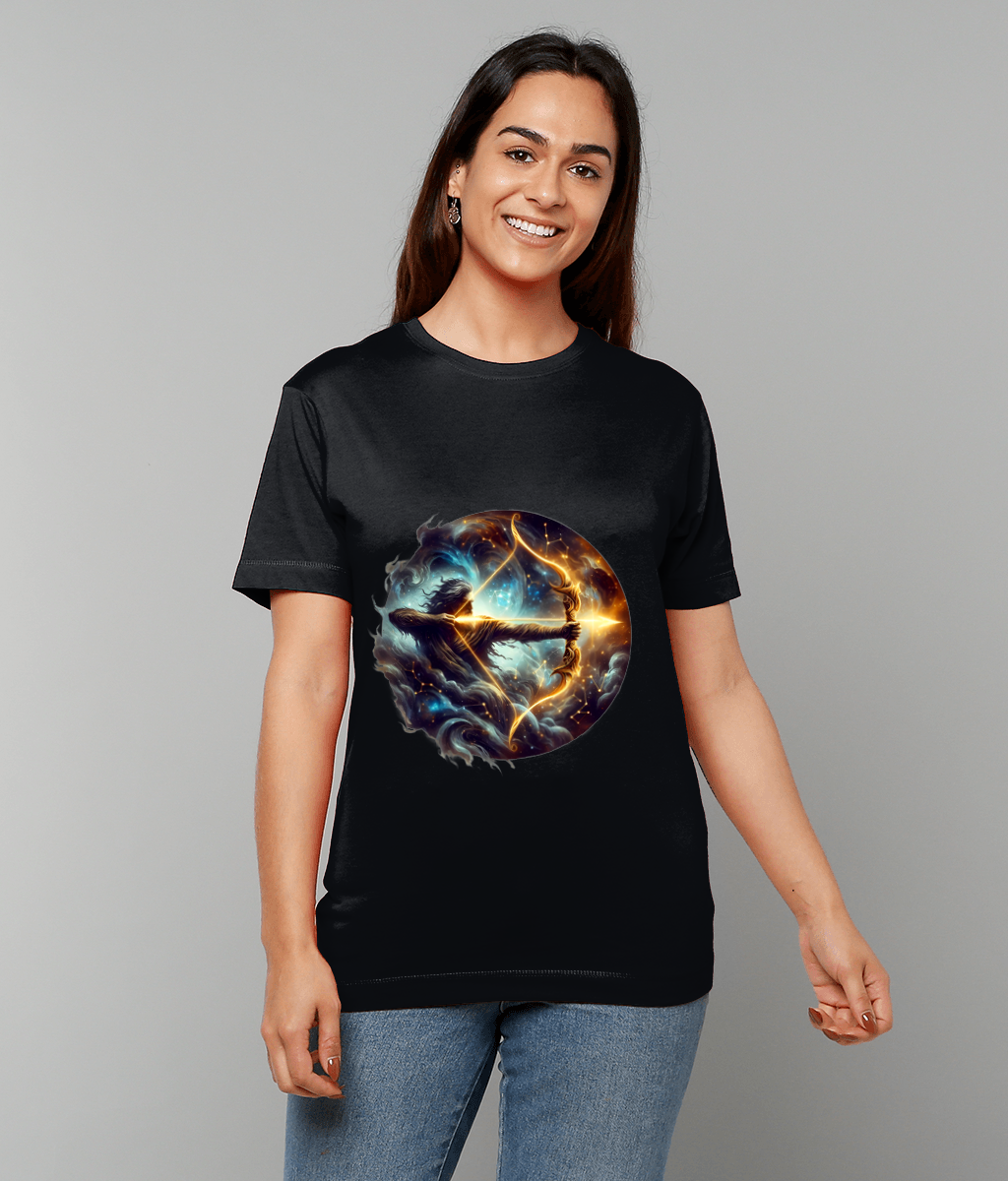Celestial Sagittarius Zodiac T-Shirt with Sagittarius glyph and soft celestial graphic on classic fit tee