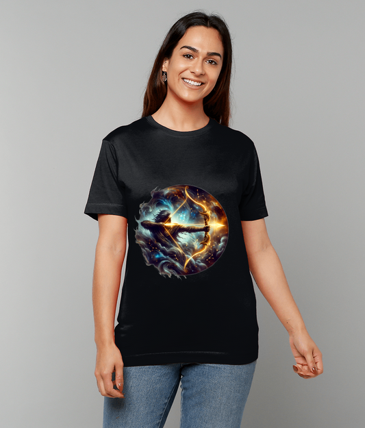 Celestial Sagittarius Zodiac T-Shirt with Sagittarius glyph and soft celestial graphic on classic fit tee