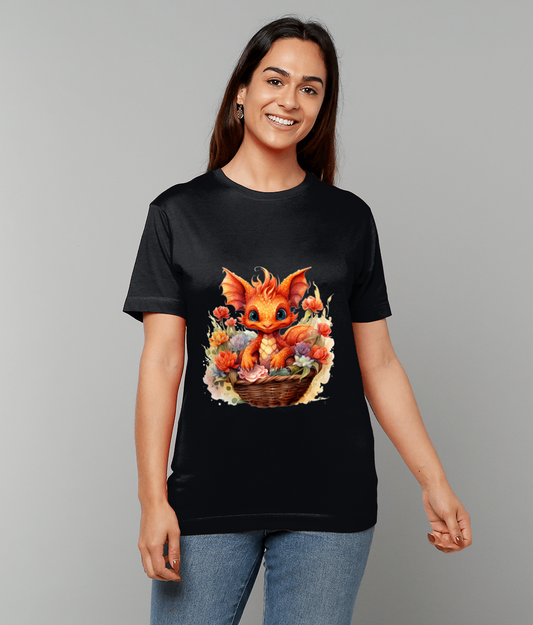 T-Shirt Elemental Baby Dragon Red in Basket featuring red baby dragon graphic on made-to-order UK classic fit tee