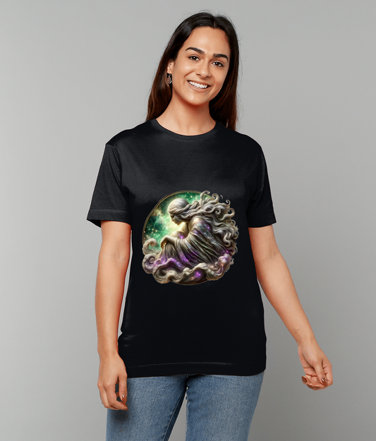 Celestial Virgo Zodiac T-Shirt with Virgo glyph and starry celestial graphic on classic fit tee